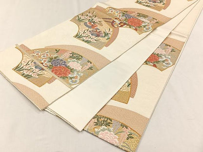 平和屋着物◎六通柄袋帯　地紙鴛鴦花車文　金銀糸　正絹　逸品　未使用　CABH7437yk