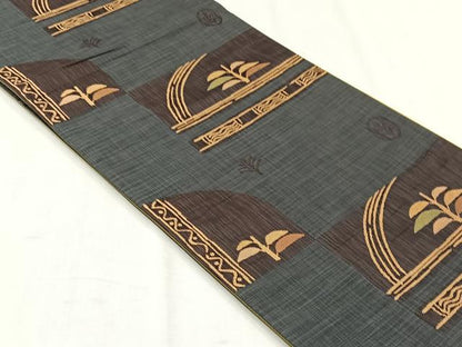 平和屋着物◎両面　六通柄袋帯　幾何学舞葉文　正絹　逸品　CABH7439yk