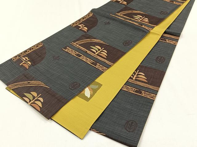 平和屋着物◎両面　六通柄袋帯　幾何学舞葉文　正絹　逸品　CABH7439yk