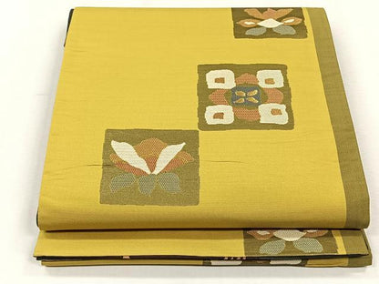平和屋着物◎両面　六通柄袋帯　幾何学舞葉文　正絹　逸品　CABH7439yk