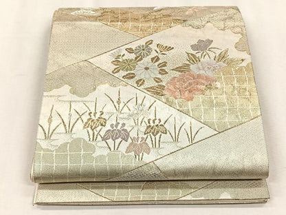 平和屋着物◎六通柄袋帯　切嵌飛鶴草花文　金糸　正絹　逸品　CABH7441yk