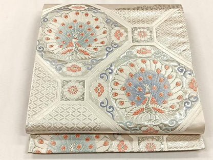 平和屋着物◎六通柄袋帯　唐織　蜀江孔雀花唐草文　銀糸　正絹　逸品　CABH7461yk