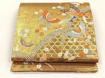 平和屋着物◎佐賀錦　六通柄袋帯　唐織　花蝶文　金糸　正絹　逸品　CABH7466yk