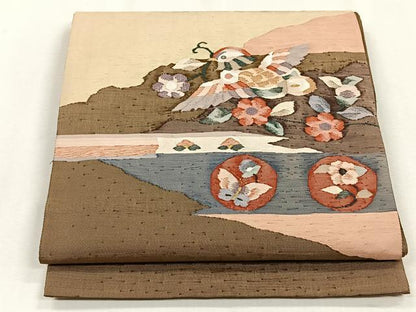平和屋着物◎太鼓柄袋帯　紬地　すくい織　花喰鳥　正絹　逸品　CABH7467yk
