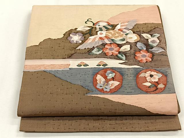 平和屋着物◎太鼓柄袋帯　紬地　すくい織　花喰鳥　正絹　逸品　CABH7467yk