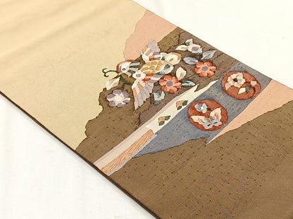 平和屋着物◎太鼓柄袋帯　紬地　すくい織　花喰鳥　正絹　逸品　CABH7467yk
