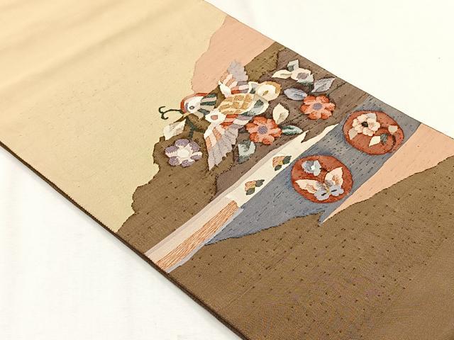 平和屋着物◎太鼓柄袋帯　紬地　すくい織　花喰鳥　正絹　逸品　CABH7467yk
