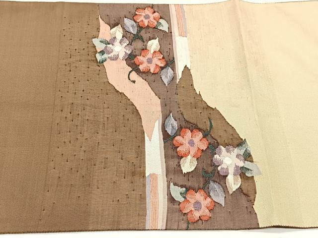 平和屋着物◎太鼓柄袋帯　紬地　すくい織　花喰鳥　正絹　逸品　CABH7467yk