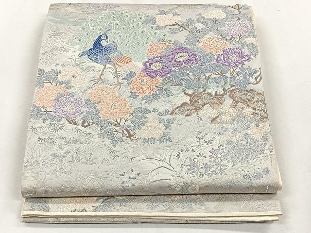 平和屋着物◎六通柄袋帯　唐織　孔雀草花文　銀糸　正絹　逸品　CABH7473yk