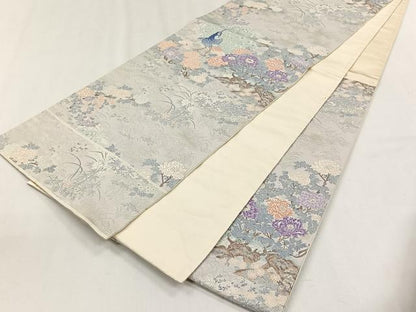 平和屋着物◎六通柄袋帯　唐織　孔雀草花文　銀糸　正絹　逸品　CABH7473yk