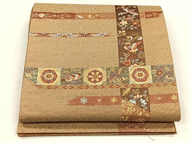 平和屋着物◎太鼓柄袋帯　漆　花喰鳥　金糸　正絹　逸品　未使用　CABH7489yk