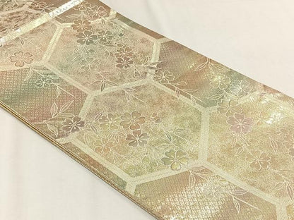 平和屋着物◎六通柄袋帯　亀甲花文　金糸　証紙付き　正絹　逸品　未使用　CABH7490yk