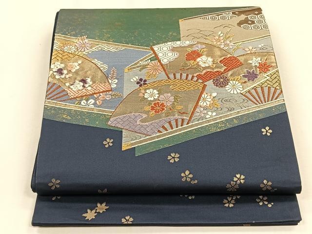 平和屋着物◎太鼓柄袋帯　唐織　扇面花文　金糸　引箔　正絹　逸品　CABH7494yk