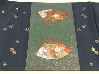 平和屋着物◎太鼓柄袋帯　唐織　扇面花文　金糸　引箔　正絹　逸品　CABH7494yk