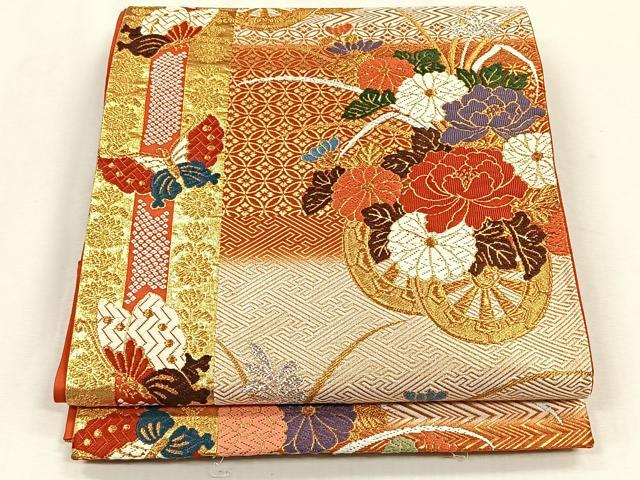 平和屋着物◎六通柄袋帯　唐織りつづれ　花車文　金銀糸　正絹　逸品　CABH7497yk
