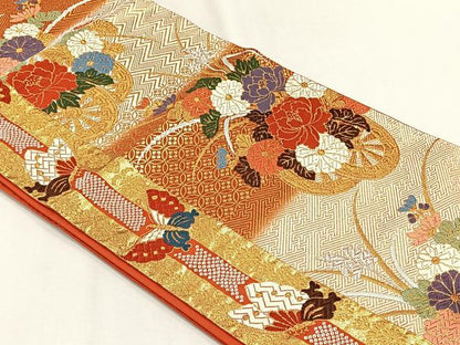 平和屋着物◎六通柄袋帯　唐織りつづれ　花車文　金銀糸　正絹　逸品　CABH7497yk