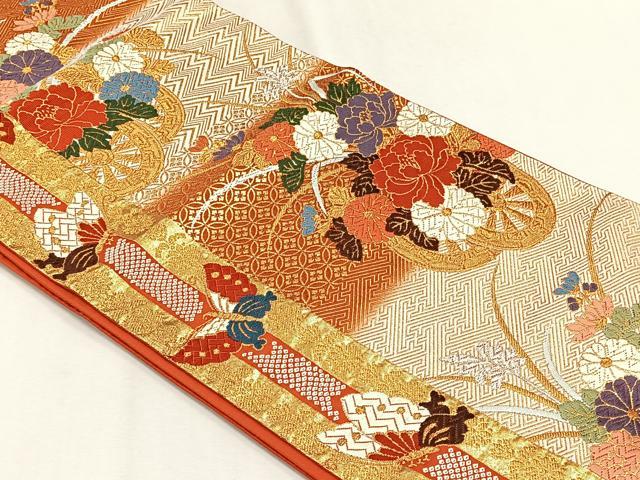 平和屋着物◎六通柄袋帯　唐織りつづれ　花車文　金銀糸　正絹　逸品　CABH7497yk