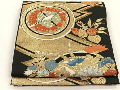 平和屋着物◎六通柄　本袋帯　花蝶丸文　黒地　金銀糸　正絹　逸品　CABH7508yk