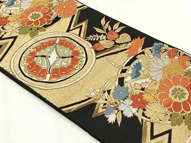 平和屋着物◎六通柄　本袋帯　花蝶丸文　黒地　金銀糸　正絹　逸品　CABH7508yk