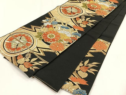 平和屋着物◎六通柄　本袋帯　花蝶丸文　黒地　金銀糸　正絹　逸品　CABH7508yk