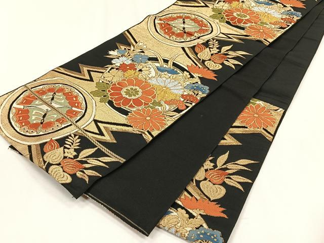 平和屋着物◎六通柄　本袋帯　花蝶丸文　黒地　金銀糸　正絹　逸品　CABH7508yk