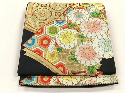 平和屋着物◎六通柄袋帯　冊子吉祥花文　黒地　金銀糸　正絹　逸品　CABH7510yk