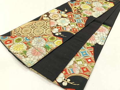 平和屋着物◎六通柄袋帯　冊子吉祥花文　黒地　金銀糸　正絹　逸品　CABH7510yk
