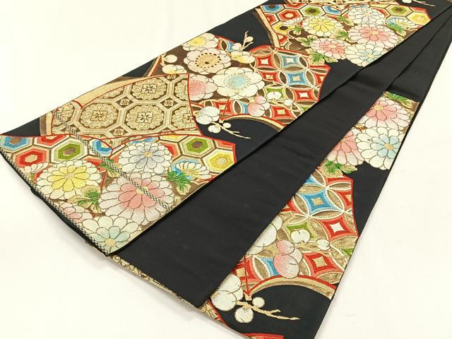 平和屋着物◎六通柄袋帯　冊子吉祥花文　黒地　金銀糸　正絹　逸品　CABH7510yk