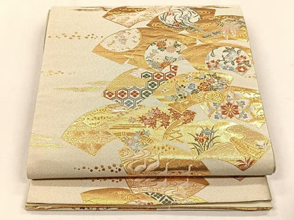 平和屋着物◎六通柄袋帯　綴れ　扇面取草花文　金糸　正絹　逸品　CABH7515yk