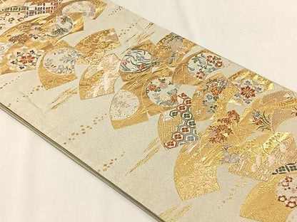 平和屋着物◎六通柄袋帯　綴れ　扇面取草花文　金糸　正絹　逸品　CABH7515yk
