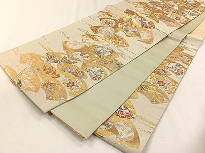 平和屋着物◎六通柄袋帯　綴れ　扇面取草花文　金糸　正絹　逸品　CABH7515yk