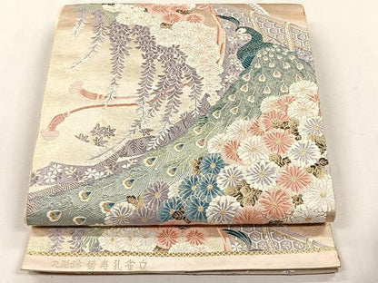 平和屋着物◎六通柄袋帯　唐織　九百錦　菊寿孔雀文　金糸　正絹　逸品　CABH7516yk