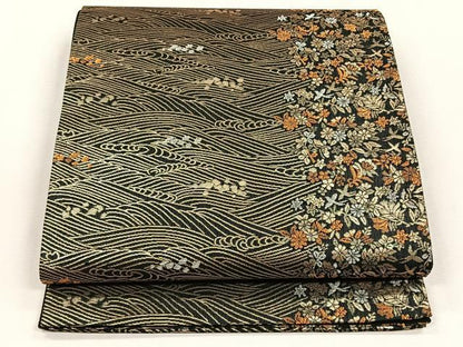 平和屋着物◎六通柄袋帯　流水花鳥文　金糸　正絹　逸品　未使用　CABH7518yk