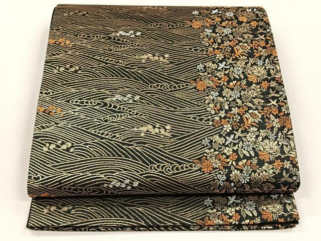 平和屋着物◎六通柄袋帯　流水花鳥文　金糸　正絹　逸品　未使用　CABH7518yk