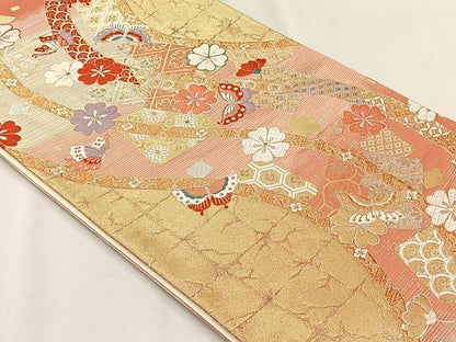 平和屋着物◎西陣の名門織元　いづくら謹製　六通柄袋帯　花蝶文　金糸　正絹　逸品　CABH7525yk