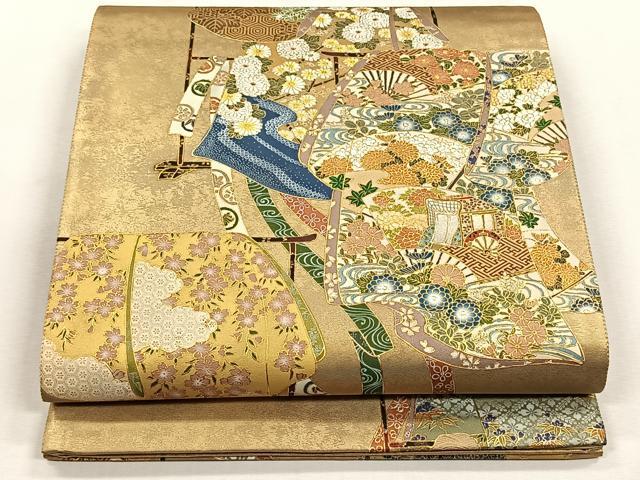 平和屋着物◎太鼓柄袋帯　作家物　螺鈿　誰が袖御所車花文　金彩　正絹　逸品　CABH7526yk