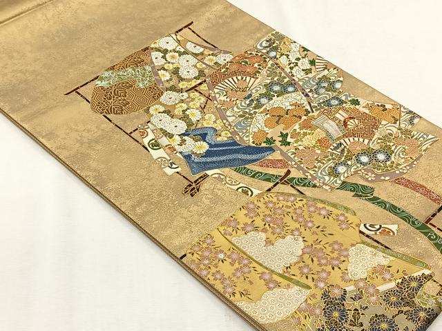 平和屋着物◎太鼓柄袋帯　作家物　螺鈿　誰が袖御所車花文　金彩　正絹　逸品　CABH7526yk