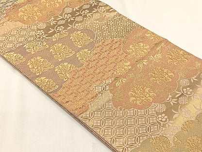 平和屋着物◎六通柄袋帯　雲重ね花文　金糸　正絹　逸品　CABH7532yk