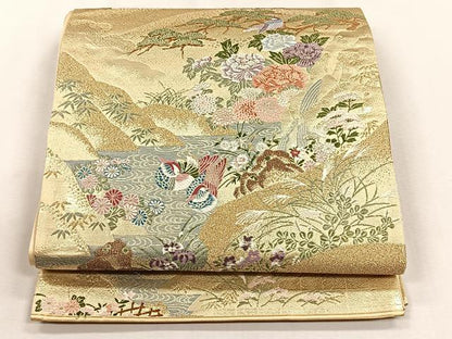 平和屋着物◎六通柄袋帯　休み鳥草花文　金銀糸　正絹　逸品　CABH7534yk