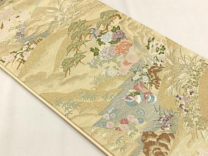 平和屋着物◎六通柄袋帯　休み鳥草花文　金銀糸　正絹　逸品　CABH7534yk