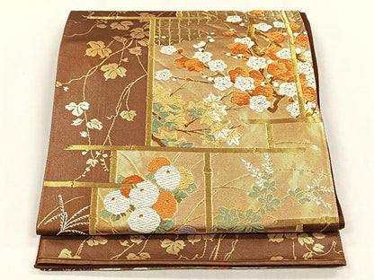 平和屋着物◎六通柄袋帯　草花文　金糸　正絹　逸品　CABH7539yk