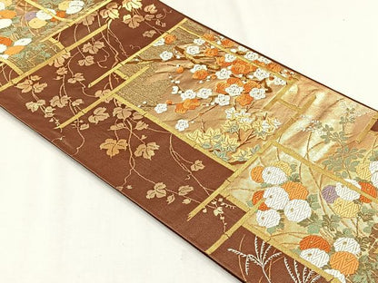 平和屋着物◎六通柄袋帯　草花文　金糸　正絹　逸品　CABH7539yk