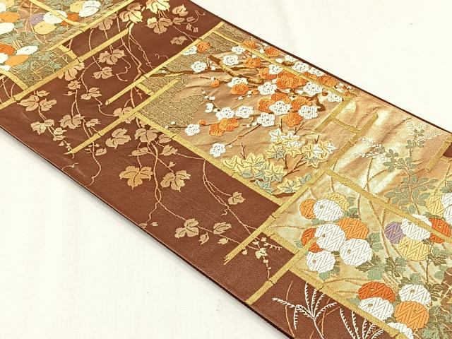 平和屋着物◎六通柄袋帯　草花文　金糸　正絹　逸品　CABH7539yk