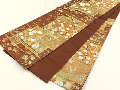 平和屋着物◎六通柄袋帯　草花文　金糸　正絹　逸品　CABH7539yk