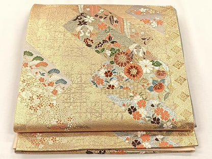 平和屋着物◎六通柄袋帯　唐織　短冊向かい鳥花文　金銀糸　正絹　逸品　CABH7549yk