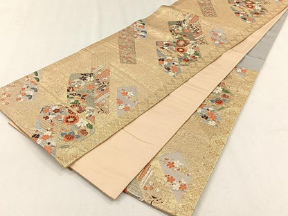 平和屋着物◎六通柄袋帯　唐織　短冊向かい鳥花文　金銀糸　正絹　逸品　CABH7549yk