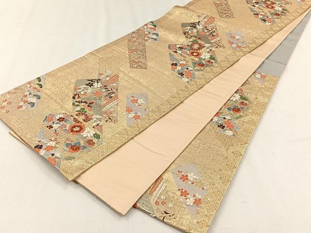 平和屋着物◎六通柄袋帯　唐織　短冊向かい鳥花文　金銀糸　正絹　逸品　CABH7549yk