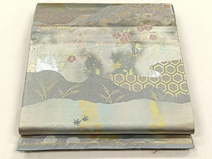 平和屋着物◎六通柄袋帯　枝花文　銀糸　正絹　逸品　CABH7551yk