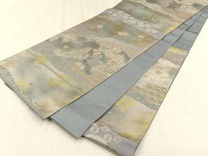 平和屋着物◎六通柄袋帯　枝花文　銀糸　正絹　逸品　CABH7551yk