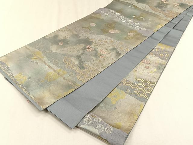 平和屋着物◎六通柄袋帯　枝花文　銀糸　正絹　逸品　CABH7551yk